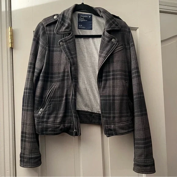American Eagle Outfitters Grey Plaid Moto Style Zip up Jacket Small - Picture 1 of 10